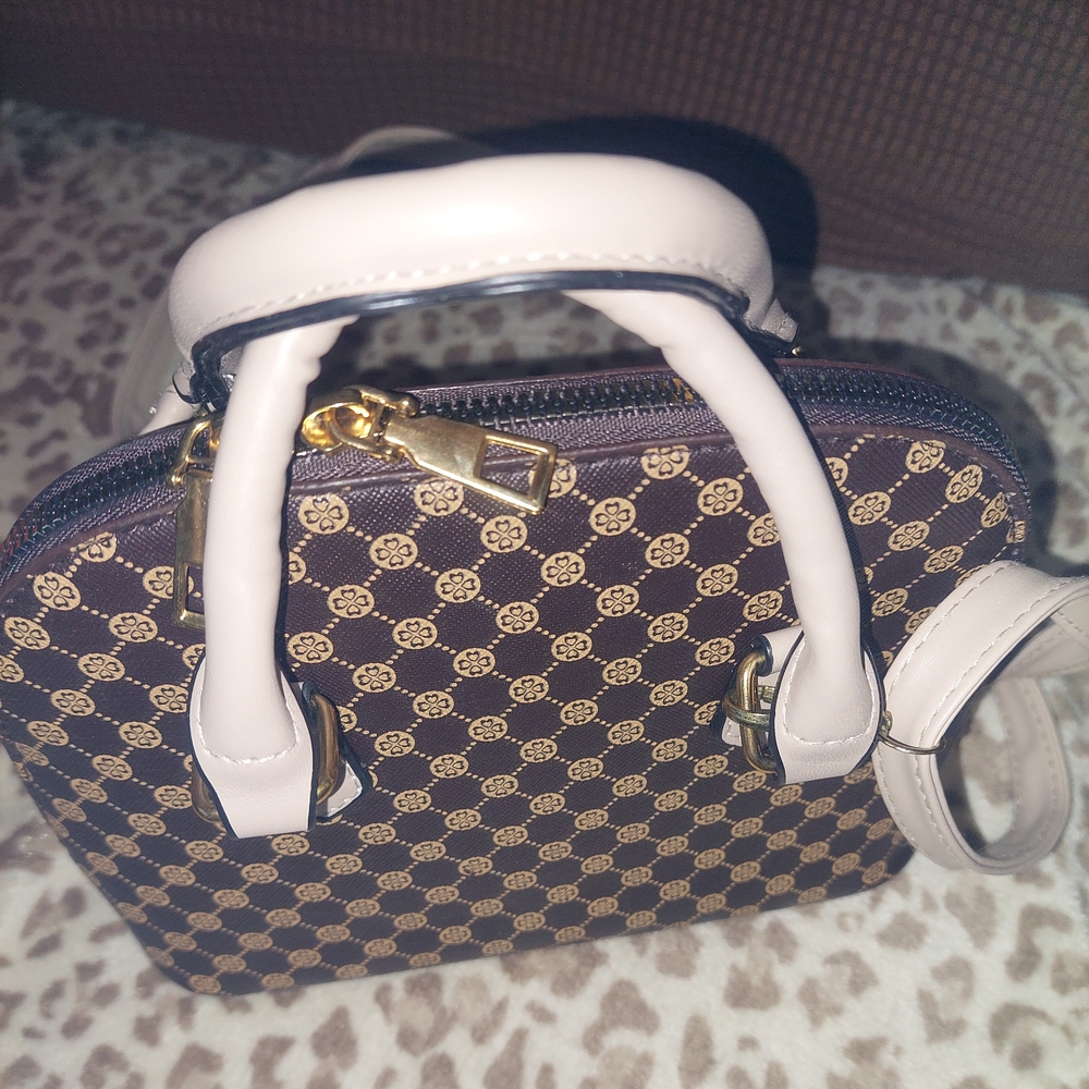 SHEIN Brown Patterned Mini Bag with Cream Handles